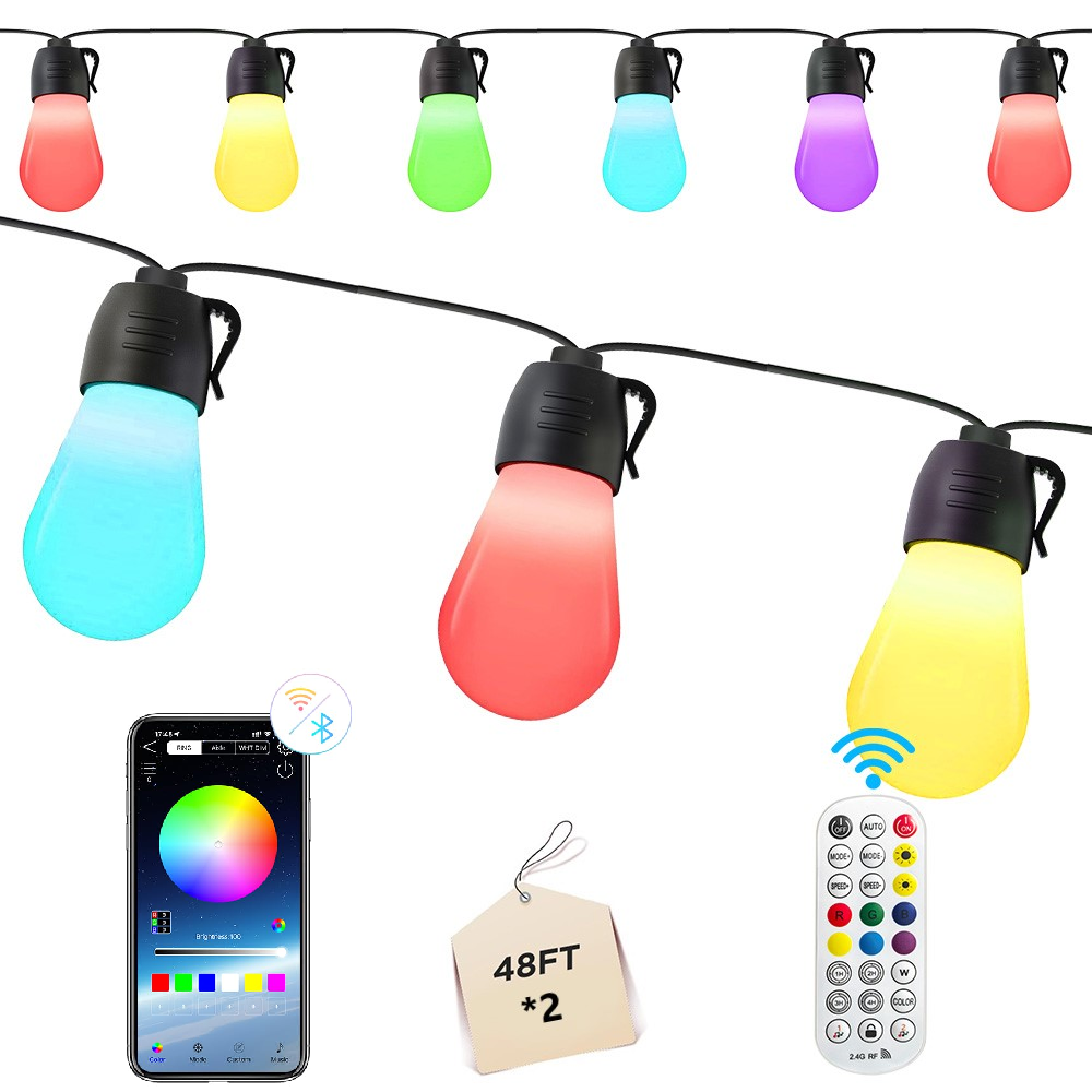 2 Pcs 48 Ft Christmas Smart Outdoor String Lights, RGB & Warm White Patio String Lights with 30 LED Bulbs, Works with APP Control, IP65 Waterproof for Decorations