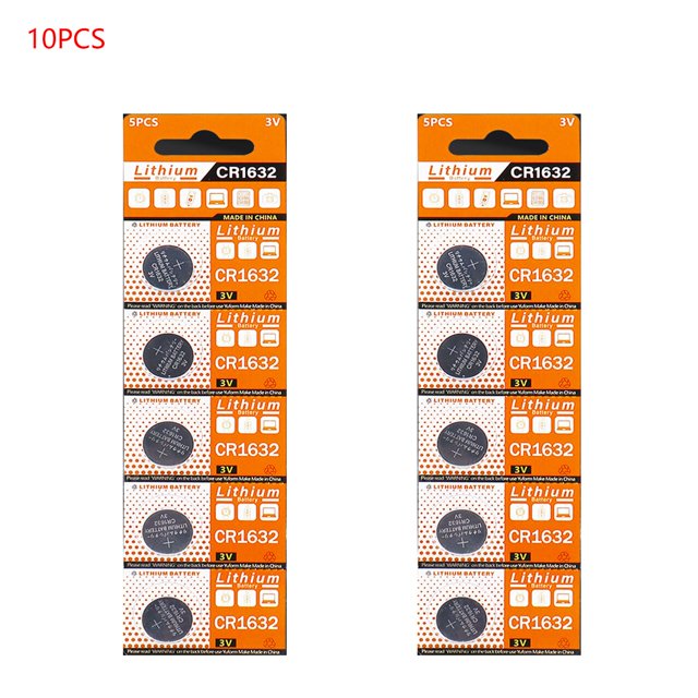 batería de litio cr1632 3v 125mah el mercado de encantos Paquete de 10 CR1632 en dos tiras verticales de cinco celdas, vista frontal centrada; cada tarjeta naranja muestra la pila redonda plateada marcada CR1632 y texto "3V Lithium"; indicado para relojes, llaveros y controles remotos; a menudo se usa también como pila de respaldo CMOS.
