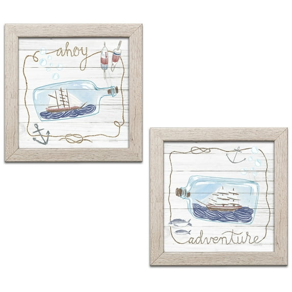 Gango Home Decor Contemporary Ship in a Bottle Adventure & Ahoy Shiplap by Sara Zieve Miller (Ready to Hang); Two 12x12in Distressed Framed Prints