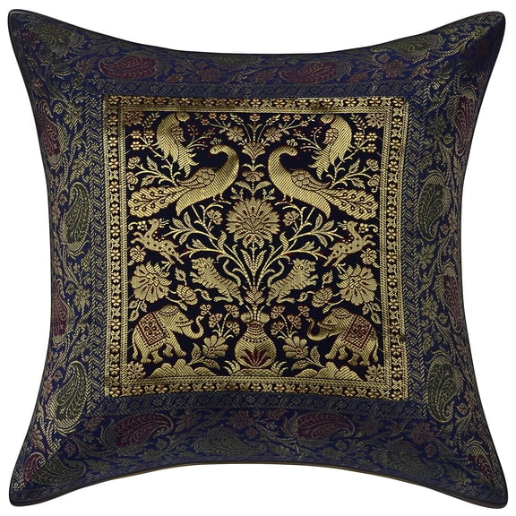 Stylo Culture Indian Settee Sofa Throw Pillow Cover 16 x 16 Jacquard Peacock Blue Square 40cm x 40cm Home Decor Brocade Elephant Zippered Cushion Cover | 1 Pc