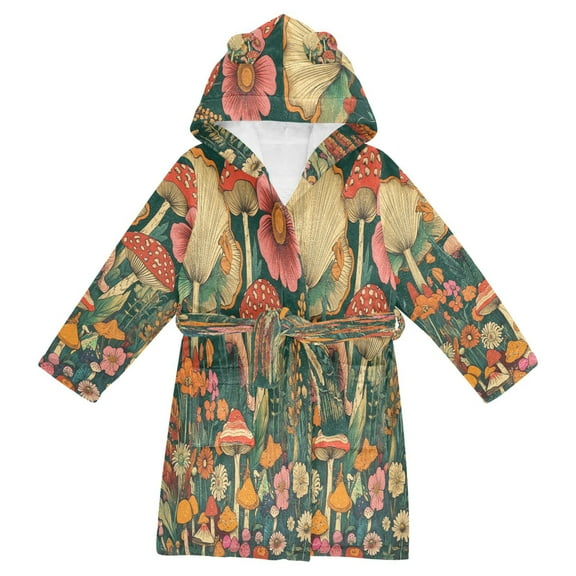 FORMRS Niños Bathrobe Unisex Hooded Robe Soft Plush Pajamas Sleepwear, Size 2-3T, Floral Mushroom