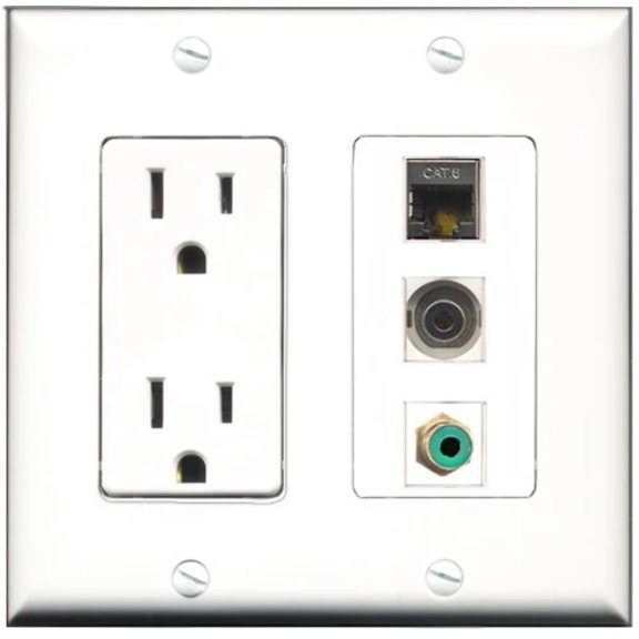 RiteAV - 15 Amp Power Outlet 1 Port RCA Green 1 Port Shielded Cat6 Ethernet Ethernet 1 Port 3.5mm Decorative Wall Plate