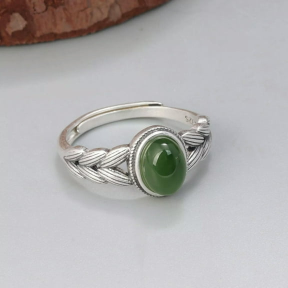 K-KED Real 925 Sterling Silver Band Women Lucky Jasper Jade Ear Of Wheat Ring