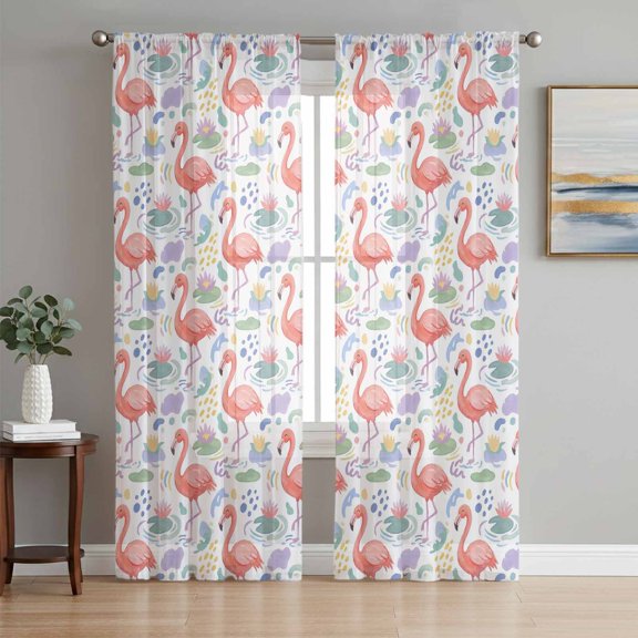 Pink Flamingo Sheer Curtains 63 Inch Length 2 Panels Set, Summer Cartoon Watercolor Tropical Flowers Voile Window Treatment Rod Pocket Curtains Sheers for Bedroom/Living Room/Kitchen 52x"63"x2