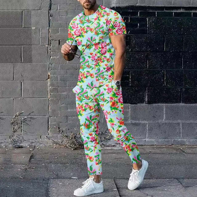 Ensemble de Complets pour Hommes à Imprimé Floral Moderne pour le Printemps et l'Automne avec Haut à Manches Longues à Col Rond et Bas Coordonnés Tenue Décontractée Élégante pour Hommes