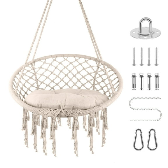 Lanfys Yard Hanging Chair, Hand-Woven Pure Cotton Rope Hammock Cradle Chair with Cushion, 330 Lbs Capacity Hanging Rocking Chair for Living Room, Yard, Garden, Balcony, Beige