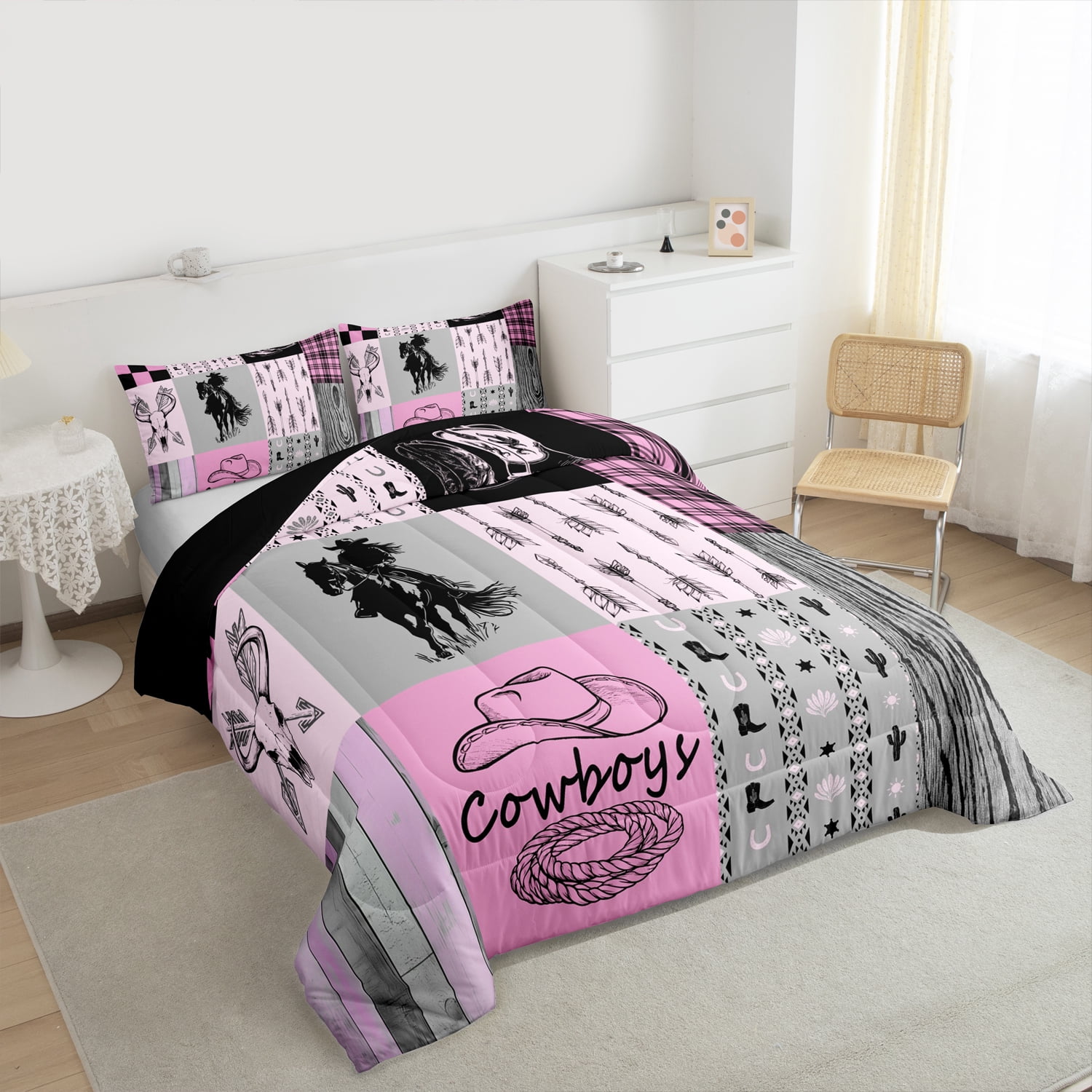 Full Size Comforter Set Western Cowgirl Bedding Sets Wild West Bull Horse Quilt Set For Teen Women Country Farmhouse Buffalo Plaid Bed Comforter Set 2 Pillow Cases Room Decor