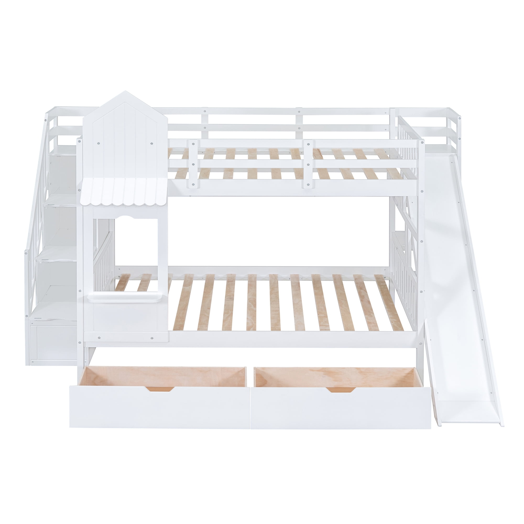 Full over Full Bunk Bed for Kids, Castle Style Bunk Beds with 2 Drawers, Slide and Storage Shelves, Solid Wood Bunk Bed Frame for Kids Girls Boys Teens