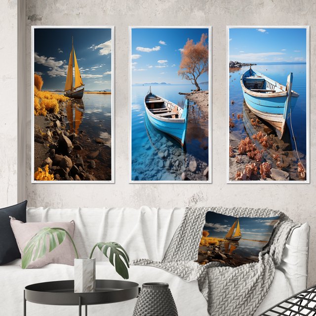 Designart "On The Boat Sailing II" Boat Framed Wall Art Set Of 3 - Yellow Boat Frame Gallery Set For Office Decor