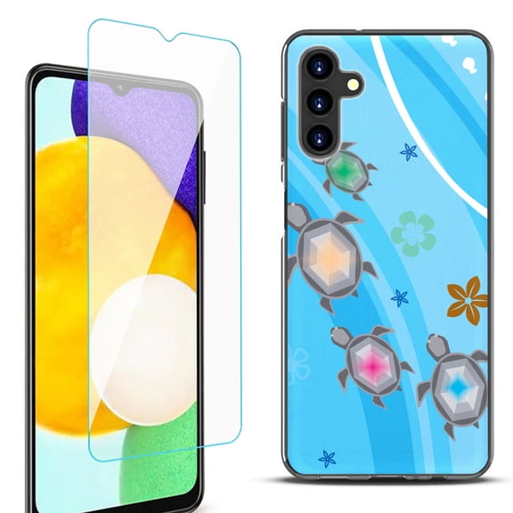 Slim-Fit Protective Fashion Phone Case (Black) for Samsung Galaxy A13 5G, with Tempered Glass Screen Protector, by OneToughShield ® - Happy Turtle