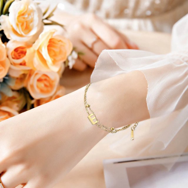 WIFKLSIIPG Fashion Simple Double Chain Stacking 26 Letters Gold Stainless Steel Bracelet Initials Bracelet for Women Teen Girls Jewelry Chain Bracelet
