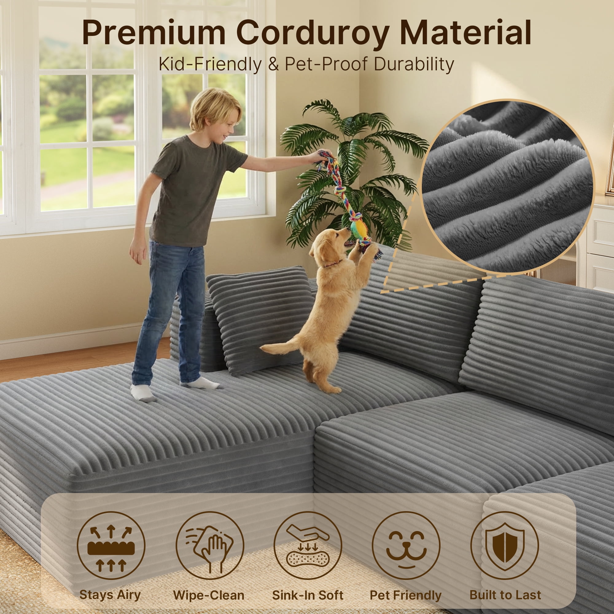 135" L-Shaped Cloud Modular Sectional Sofa, Corduroy Upholstery, Deep Seat Memory Foam Cushion, Dark Gray
