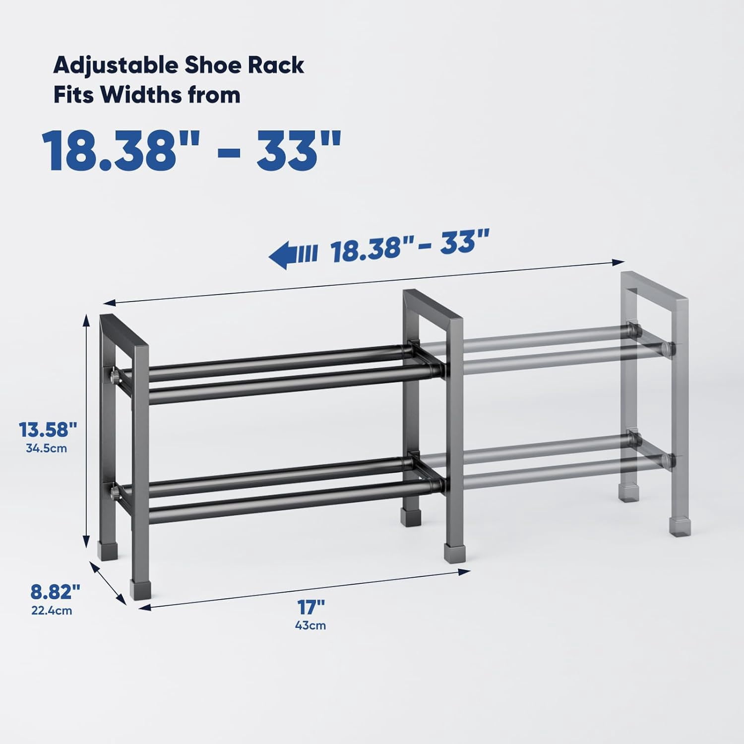 2-Tier Expandable Shoe Rack,17"-33" Adjustable Shoe Rack for Closet,Metal Shoes Shelves for Front Door Entrance, Garage & Corridor, Free Standing Shoe Holders, Easy to Assemble,Black