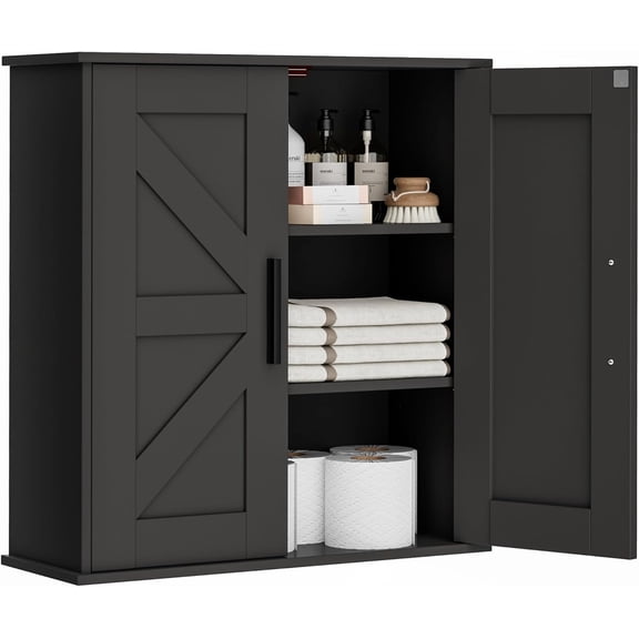 Bathroom Wall Cabinet, Over Toilet Storage Cabinet with Barn Doors and Adjustable Shelves, 3-Tier Medicine Cabinet Wall Mounted, for Bathroom, Kitchen, Entryway, Laundry Room, White, (7.9" D)