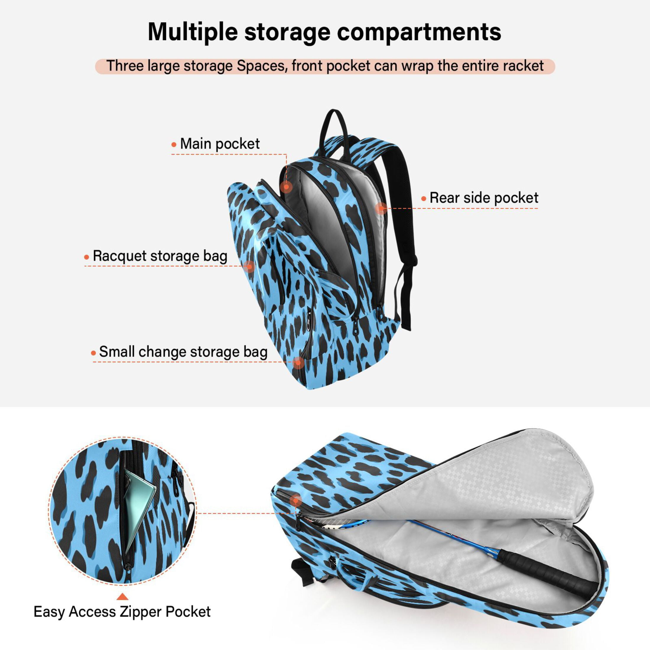 2 Racquet Holder Tennis Backpack Tennis Racket Covers Gym Bags Blue Leopard Pattern