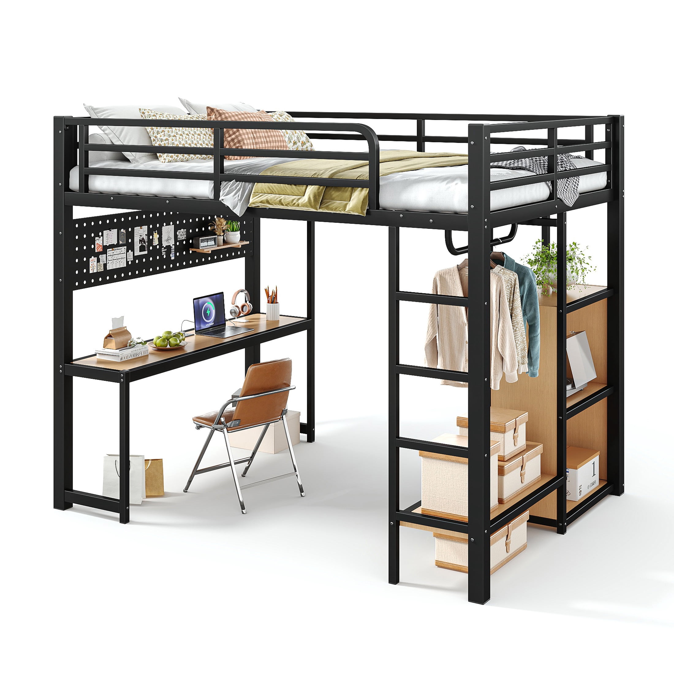 Noble House Full Loft Bed with Desk, Storage Shelves, USB Ports and Lights, Black