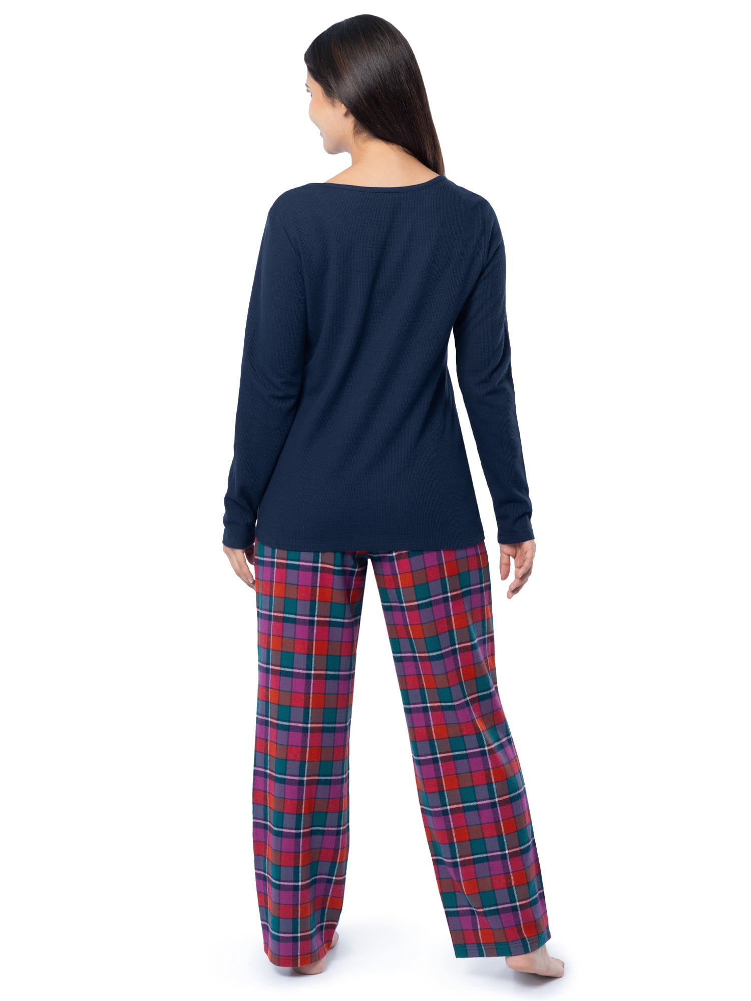Fruit of the Loom Women's Beyond Soft Long Sleeve Waffle Top and Flannel Bottom Pajama Set, Sizes S-4X