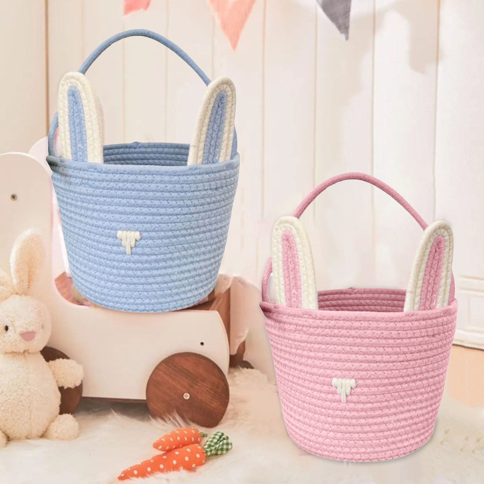 Easter Bunny Basket for Kids, Rabbit Ear Egg Bucket, 9.5" x 6.3" x 6.3" Portable Tote for Candy Storage, Easter Party Decor, and First Easter Gifts for Boys & Girls