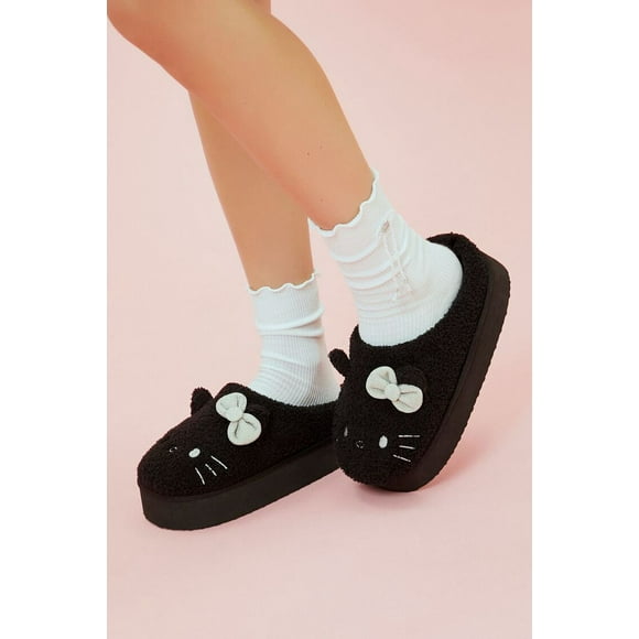 Hello Kitty Sanrio Pantoufles d'Intérieur Noires Confortables à Plateforme pour la Maison Moyen m NWT