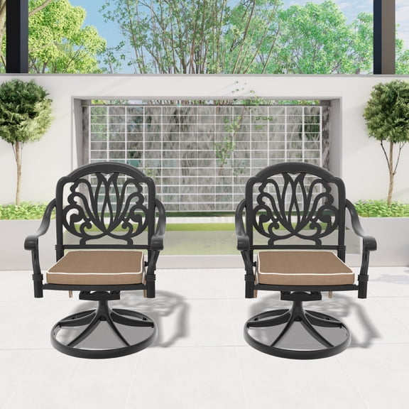 360-Degree Swivel Cast Aluminum Patio Chairs 2PCS - Weather-Resistant Outdoor Armchairs with Cushions - Black Frame Brown Cushions