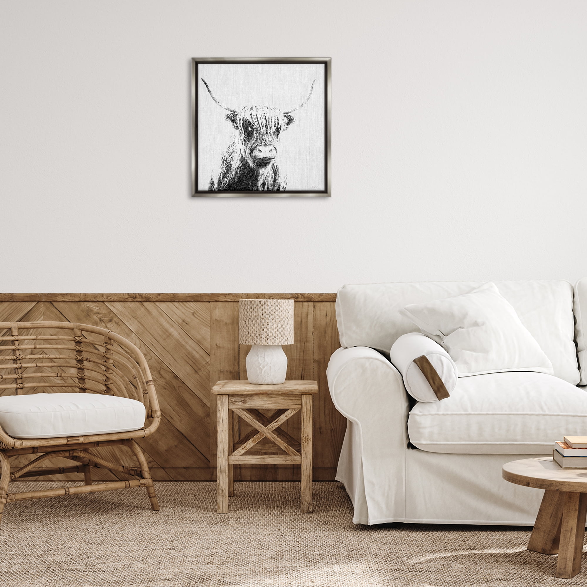 Stupell Industries Longhorn Sketch in Grey Animals Painting Gray Floater Framed Canvas Art Print Wall Art, 25 x 25