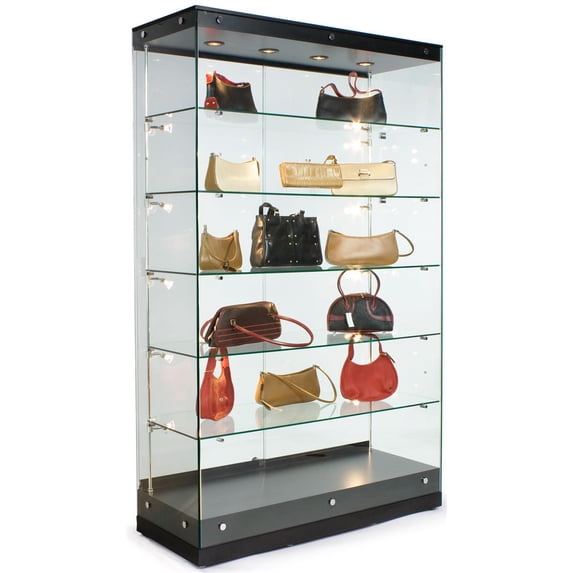 Glass Display Cabinet And Black MDF Base, With Adjustable Shelves, Locking Sliding Track Doors And Halogen Lights (GTAP48BLK)