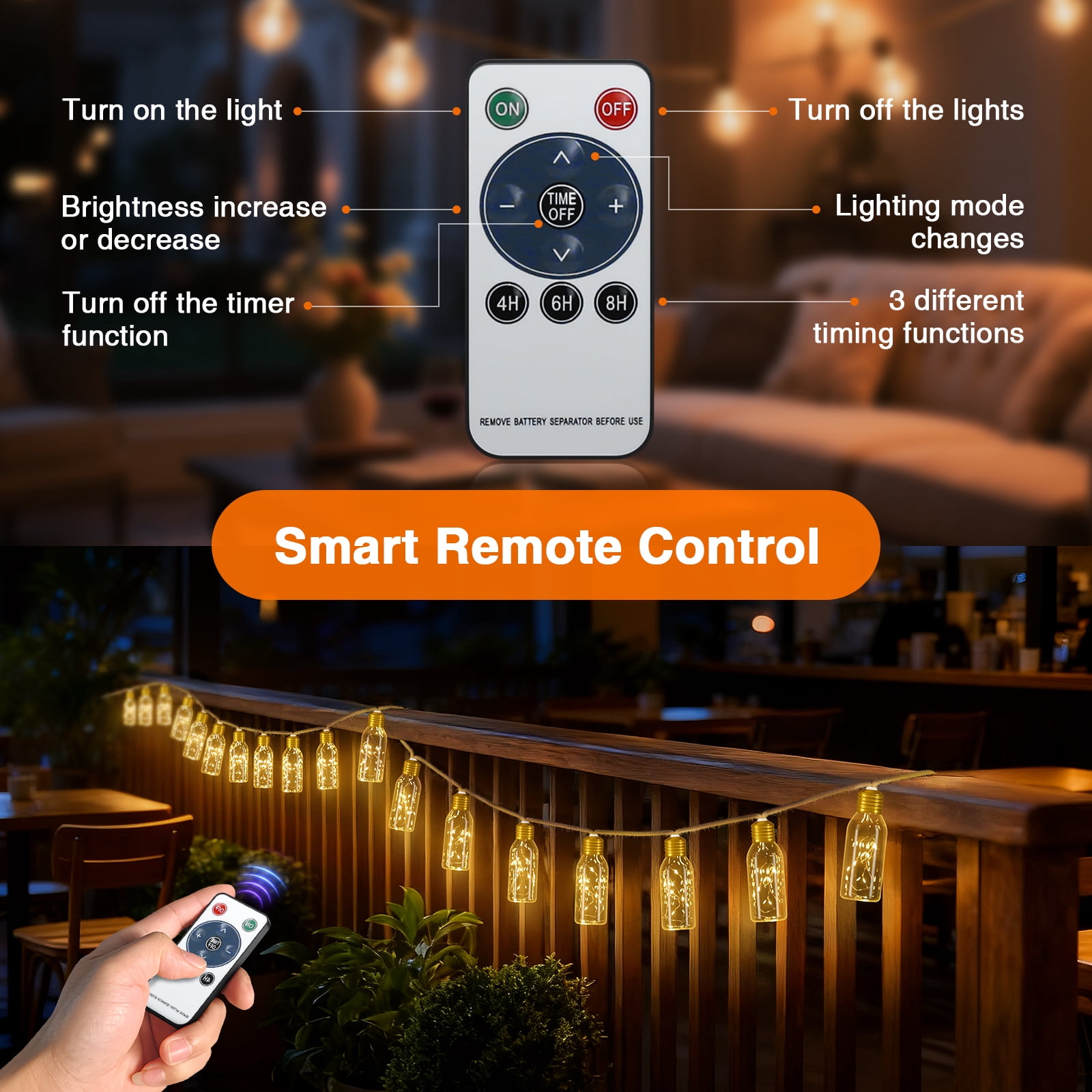 PChero 19.68FT USB Rechargeable Outdoor String Lights with Remote, 10 Shatterproof Bulbs Vintage Hemp Rope Patio Lights, 8 Modes Hanging Fairy Lights for Indoor Outdoor Decor, Balcony, Wedding, Party