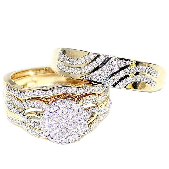 Midwest Jewellery 1/2cttw Trio Rings Set His And Her Rings 10K Yellow Gold 17mm Wide (I/j Color 0.5cttw)