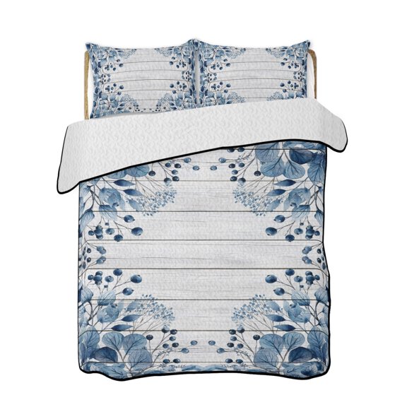 Full Size Quilt Bedding Set, Blue Eucalyptus Leaves Reversible Summer Quilt 3 Pieces, Rustic Botanical Vines Wooden Grain Lightweight Bedspreads Coverlets with 2 Pillow Shams for All Seasons