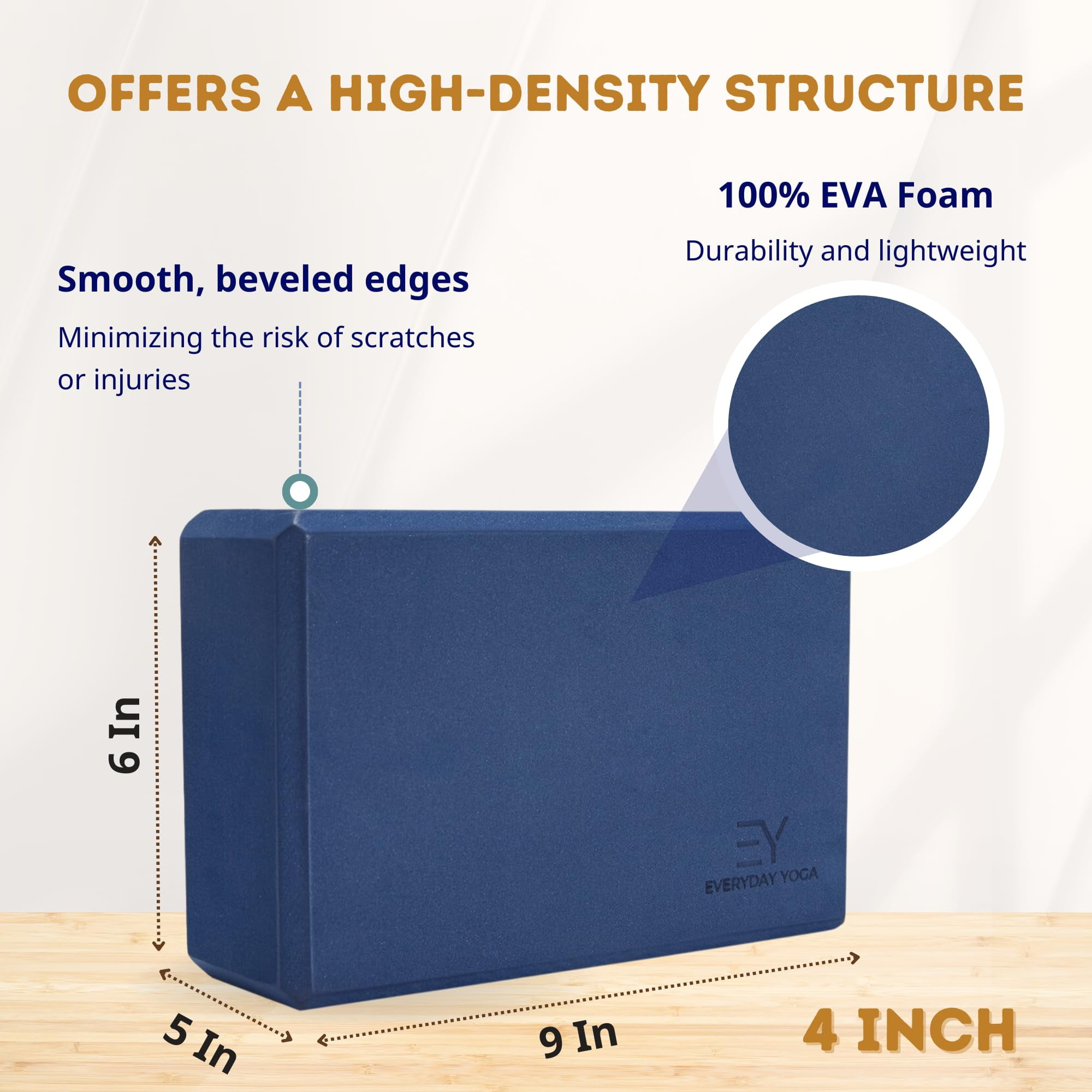 Everyday Yoga High-Density Foam Block, Lightweight & Durable with Smooth Beveled Edges