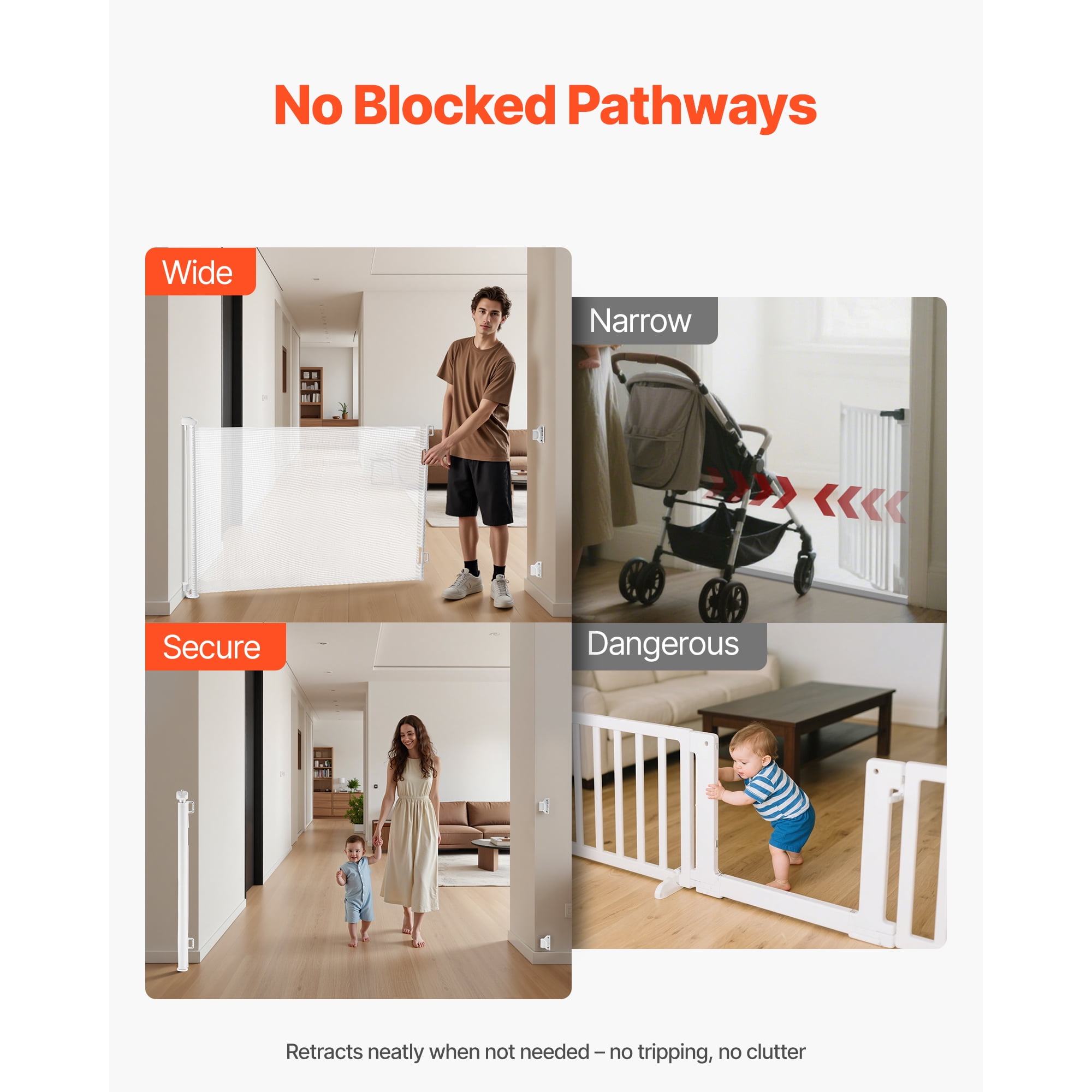 KFFKFF Retractable Baby Gate, Expands to 72.8 Inches Wide and 31.3 Inches Tall, Featuring Safety Lock, Convenient Operation, Trip-Free Design, Mesh Pet Barrier for Stairs, Hallways