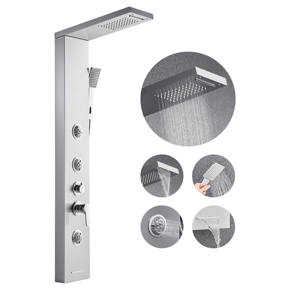 VEVOR Shower Panel Tower System with Rainfall Waterfall Shower Head, 53 in Brushed Stainless Steel Shower Column, 5-Function Faucet, Wall-Mount Rain Massage System with 3 Body Jet,Handheld,Tub Spout