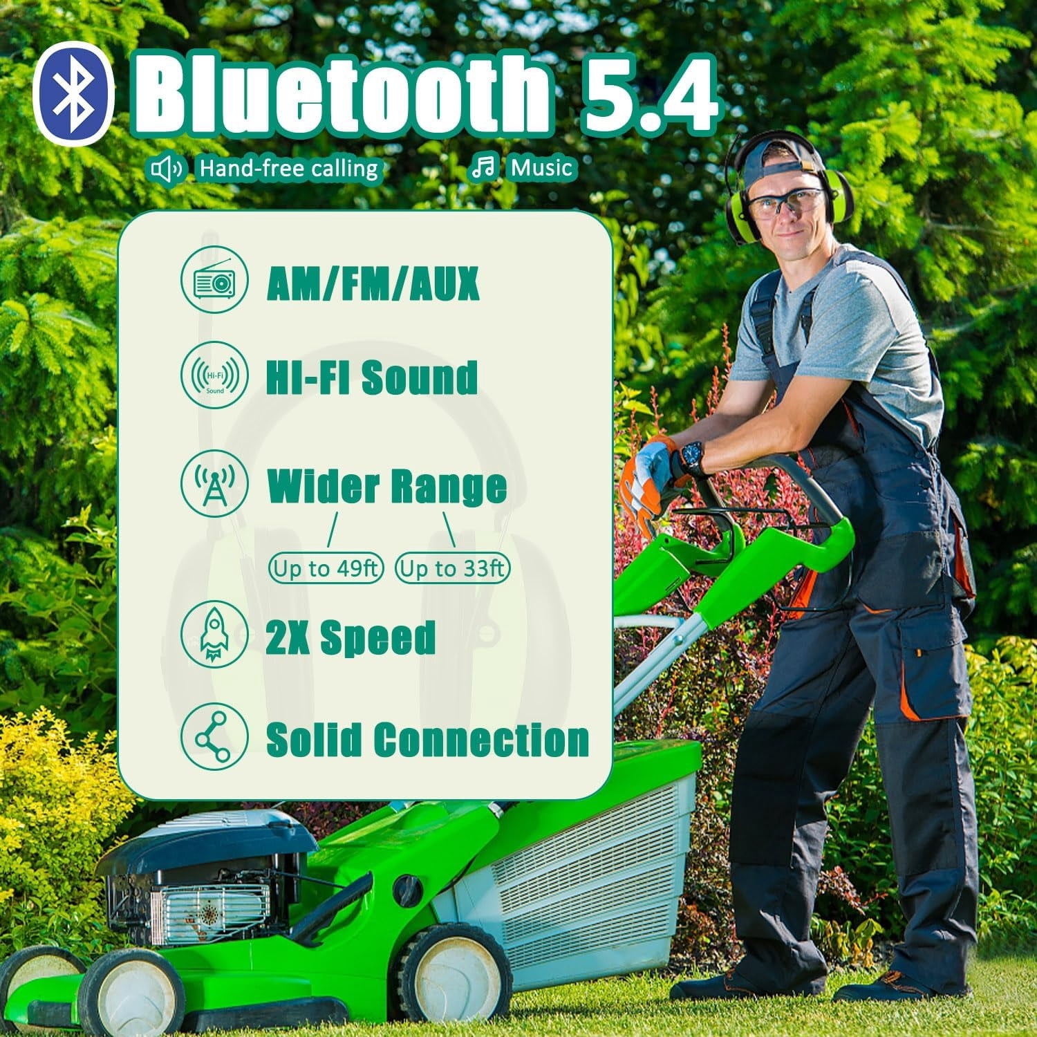 PROHEAR 033 5.4 Bluetooth Hearing Protection AM FM Radio Headphones, Noise Reduction Safety Earmuffs with Rechargeable 2000mAH Battery, 31dB SNR Ear Protector for Mowing Lawn,Gifts for Father Green