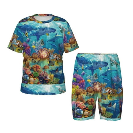 Luyuia Sea World Print Girls  2-Piece Tie-Dye Pajama Set  Cute Summer Loungewear with Shirt and Tank Shorts Nightwear-X-Large