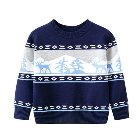 

nsendm Toddler Boys Girls Christmas Cartoon Deer Warm Knitted Sweater Long Sleeve Tops Petite Fleece Lined Hoodie Sweater Navy 2-3 Years