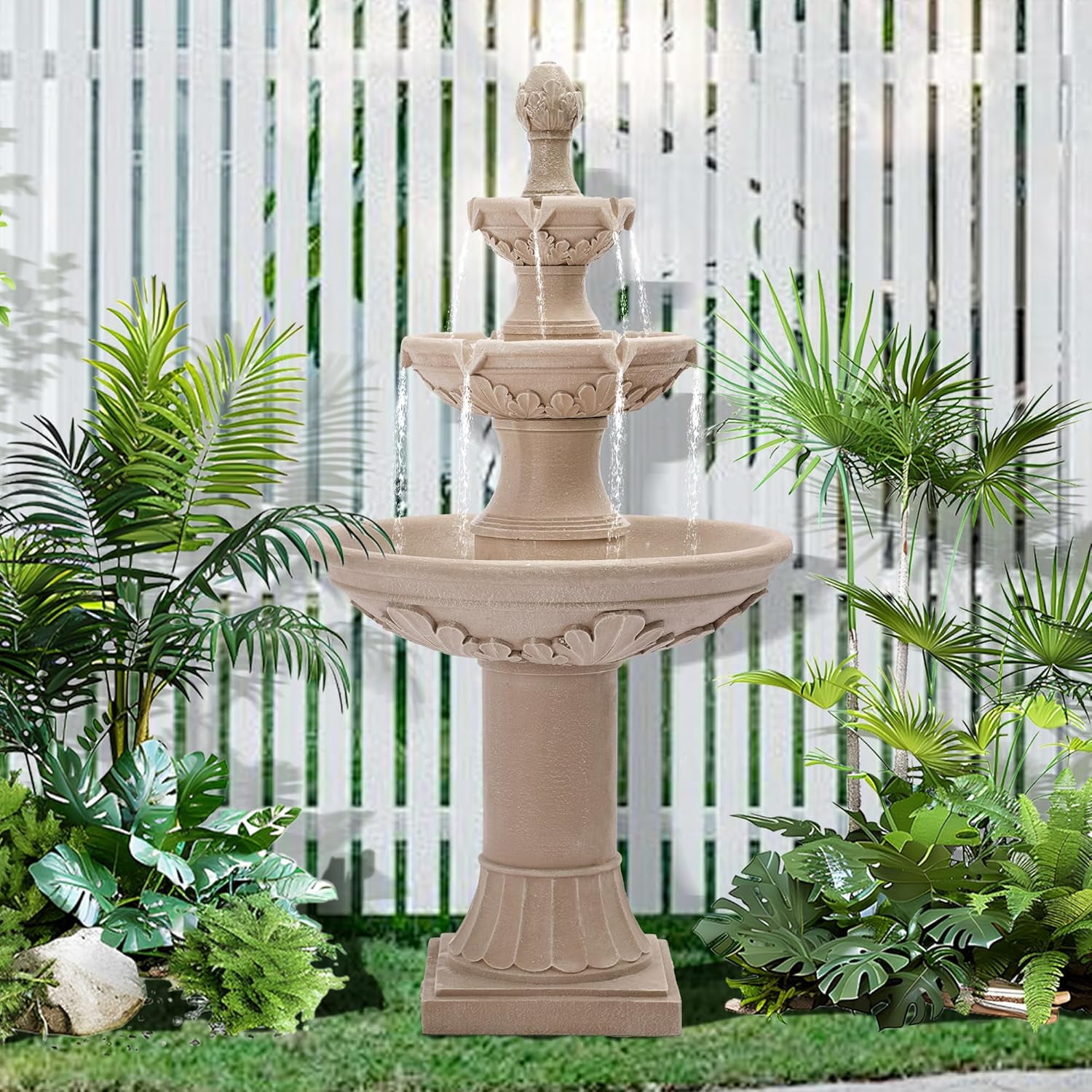 Grepatio Italian Outdoor Water Fountain, 48" H Waterfalls with Pump, 3-Tier Roman Pillar Garden Fountain, Indoor/Outdoor Modern Floor Standing Water Fountains for Garden, Patio, House Decor
