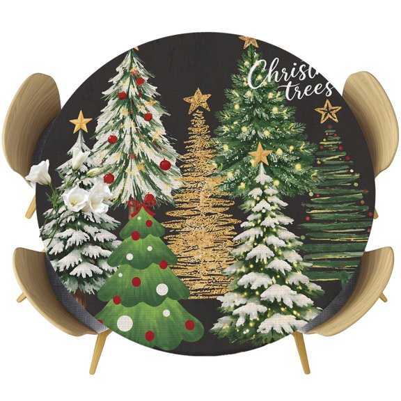 Round Fitted Tablecloth with Elastic Edge, Christmas Trees Sketch on Black Fitted Table Cloth for Round Tables 55-60in, Watercolor Xmas Tree Waterproof Tablecloth for Outdoor Picnic Party