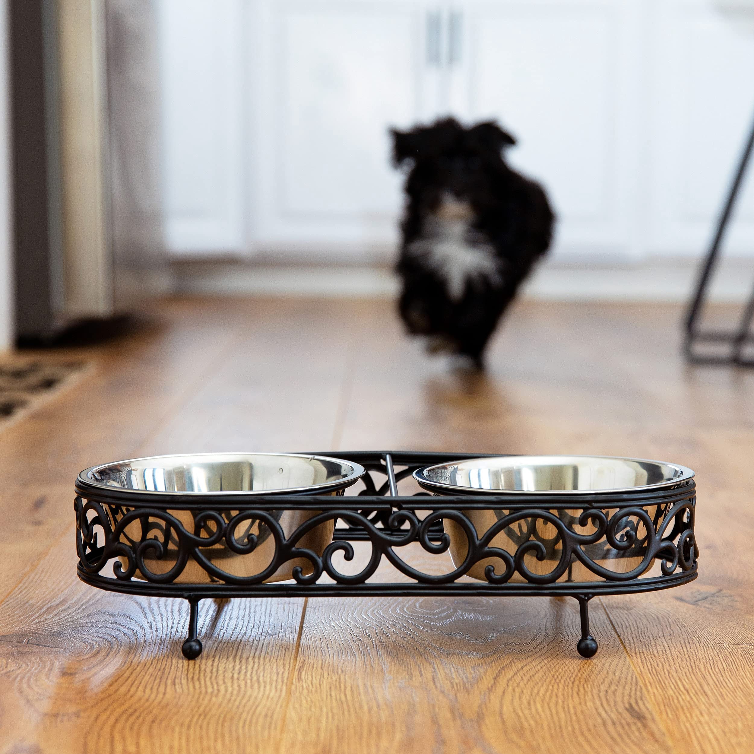 Barkley & Evans Elevated Double Pet Feeder, Removable Stainless Steel Bowls on Metal Stand, Raised Feeding Station for Pets, Dogs & Cats, Wet or Dry Food and Water - 1 Quart Bowls 32 fl. oz