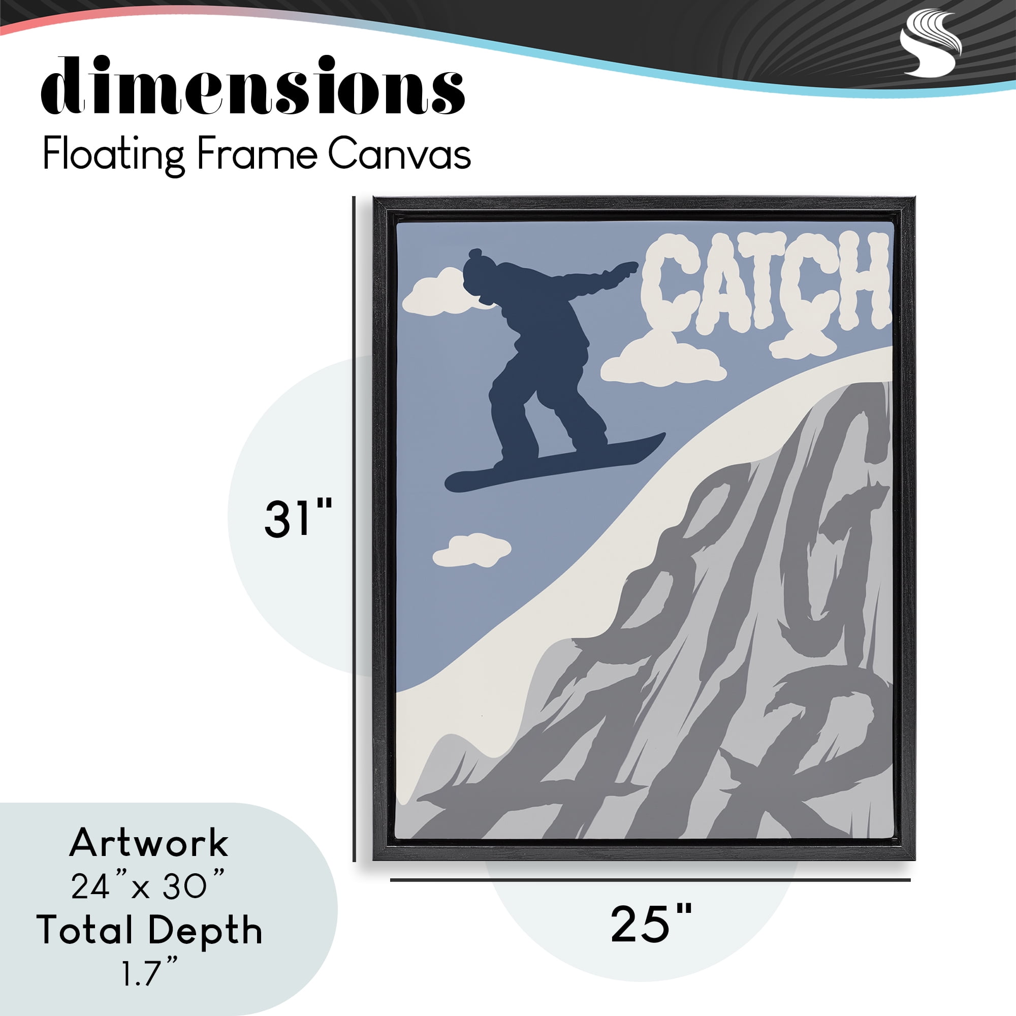 Catch Big Air Snowboard Black Framed Floater Canvas Wall Art, design by Marcus Prime