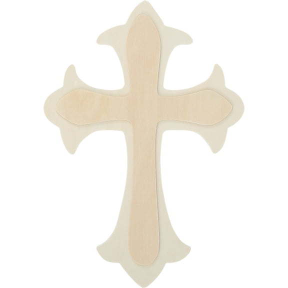 Plaid Unpainted Wood Surface, Large Fleur De Lis Cross Shape, 1 Piece