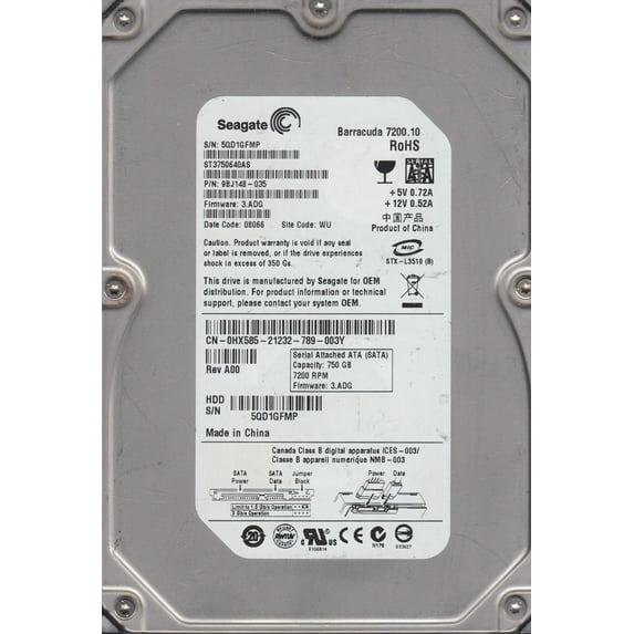 ST3750640AS, 5QD, WU, PN 9BJ148-035, FW 3.ADG, Seagate 750GB SATA 3.5 Hard Drive
