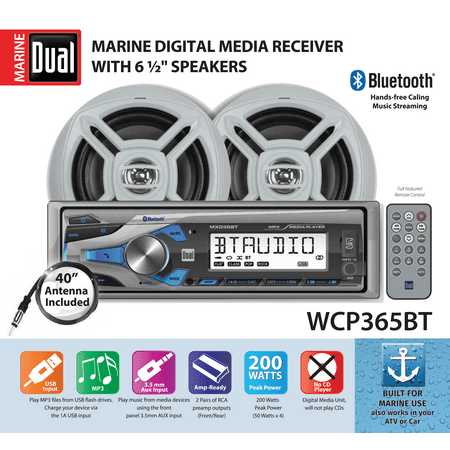 Dual Electronics WCP365BT Marine Stereo LCD Single DIN with Built-In Bluetooth, USB Port, Two 6.5 inch Dual Cone Marine Speakers & Long Range Marine (Best Single Din Marine Stereo)