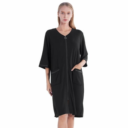 

WBQ Women Zipper Front House Coat Short Sleeve Waffle Belt Robe Zip up Bathrobes Short Nightgown Soft Dress Gown with Pockets S-2XL
