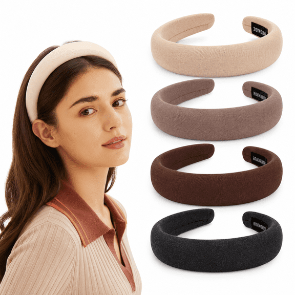 5 Pack Padded Headbands with Soft Fabric - Plain Thick Hair Accessories for Women and Girls