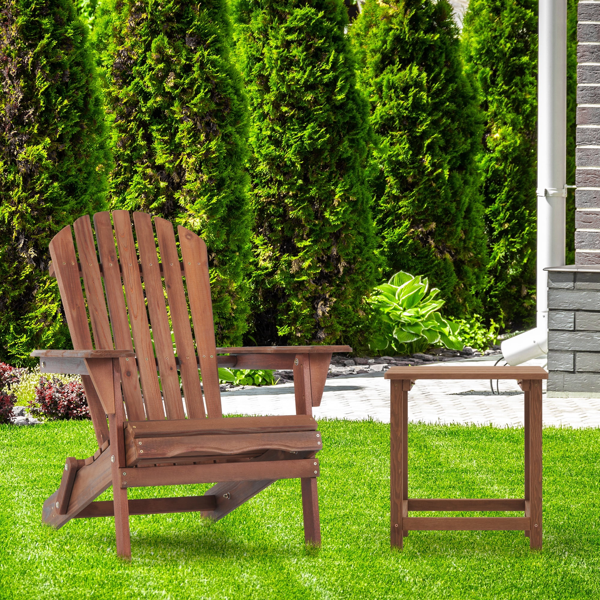 UHOMEPRO Folding Adirondack Chair Set of 4, Outdoor Weather Resistant Patio Lawn Chair, Wooden Fire Pit Chair for Outside Deck Garden Backyard Balcony, Patio Furniture Set Lounge Chairs, Brown