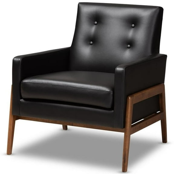 Bowery Hill Faux Leather Lounge Chair in Black and Walnut