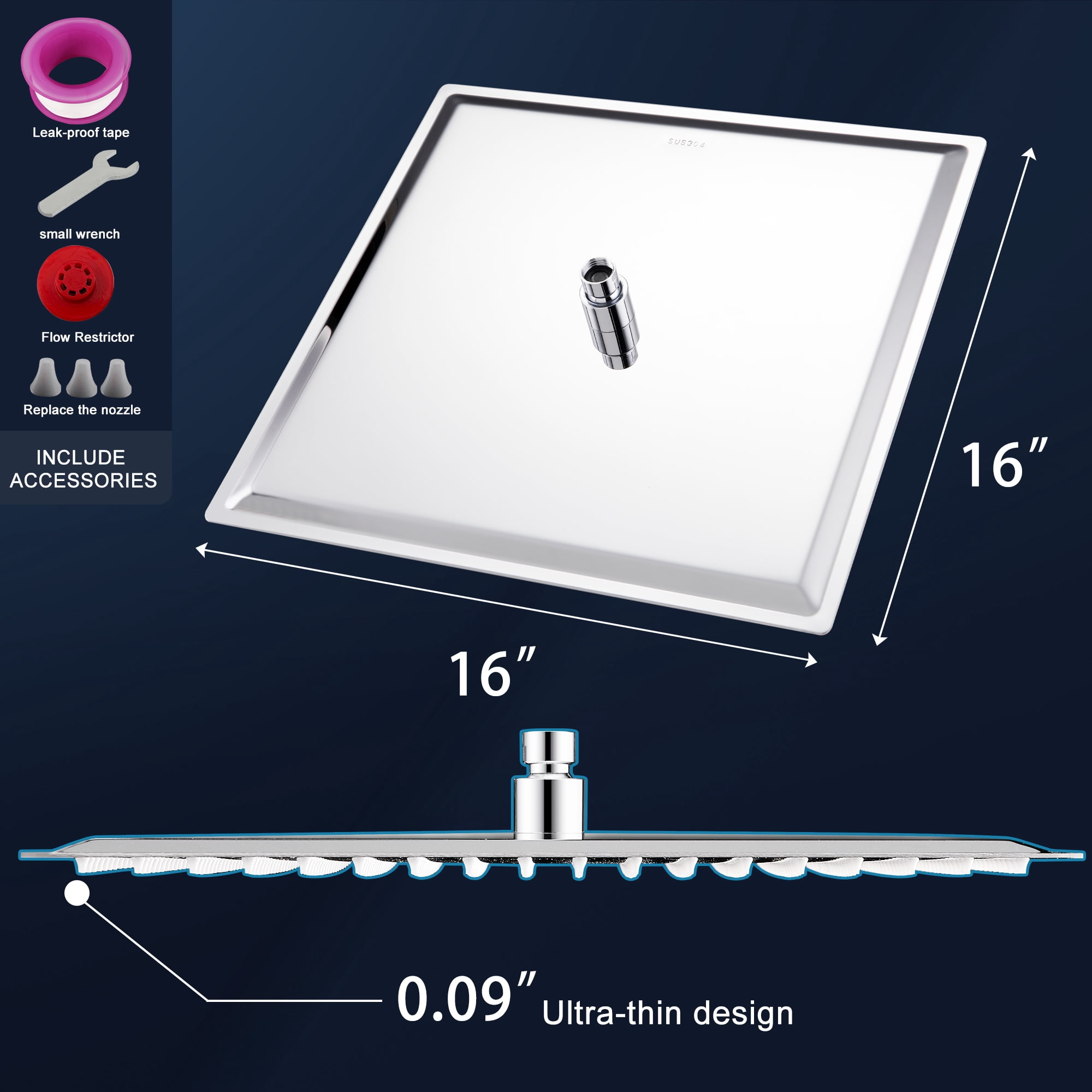 ALWEN 16 Inch Rain Shower Head Chrome, Square Ultra Thin 304 Stainless Steel High Pressure Shower Head, Large Size Rainfall Shower Head, Full Body Coverage Modern Waterfall Shower Head