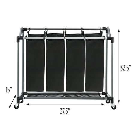 Black Laundry Pedestal - Honey Can Do Deluxe Quad Laundry Sorter with Removable Bags, Black/Gray