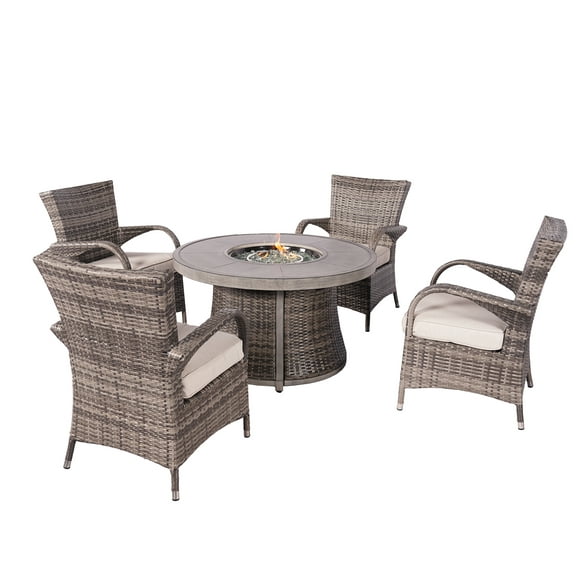Direct Wicker Round 42" Gas Fire Pit Table with Rattan Chairs 5 Pieces Outdoor Conversation Set-Grey