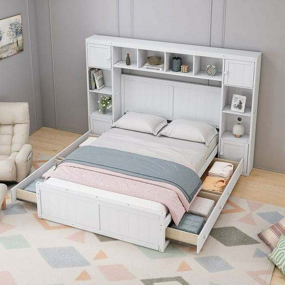 Full Size Wood Bed with 4 Drawers and All-in-One Cabinet and Shelf, White